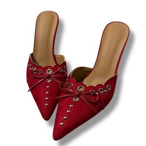 NIB Keleimusi Red Studded Bow Pointed Toe Stiletto Mules Heels Shoes Women Sz 7